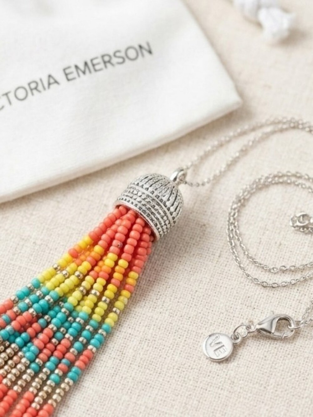 Victoria Emerson Multicolor Beaded Tassel Necklace Silver Chain with VE Charm